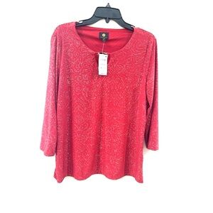 JM Collection Red W Gold Metallic Threading 3/4-Sleeve Knit Top W Cutout L NWT